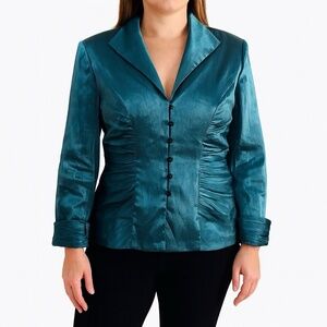 Xscape Joanna Chen Teal Ruched Satin Blazer‎ Jacket Size 6 Party Formal Glam